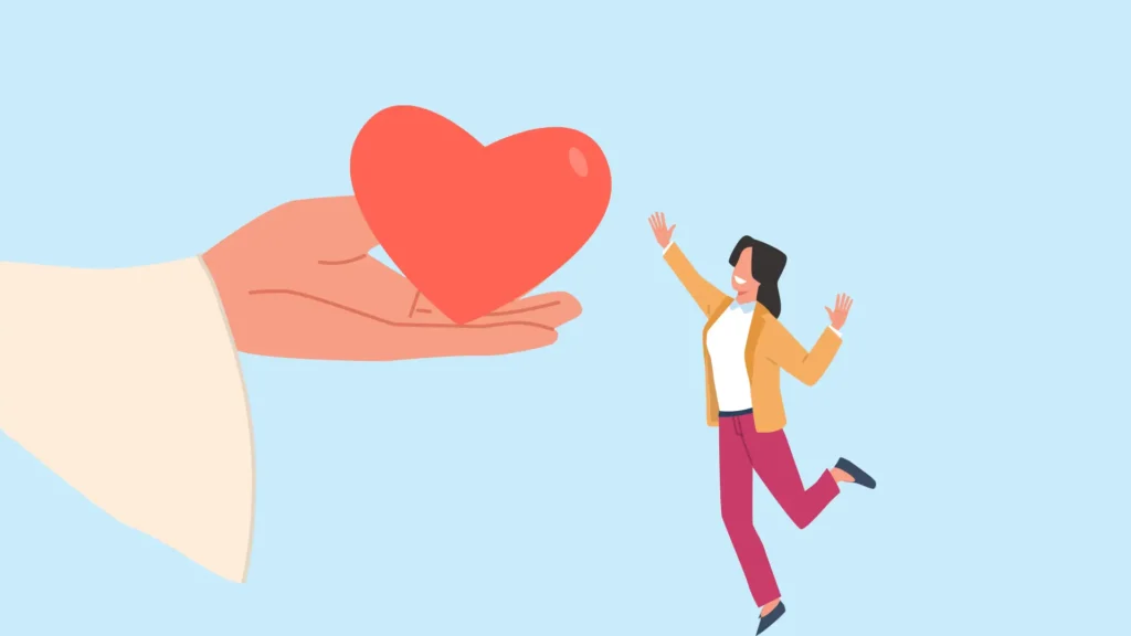 hand of God handing out a heart to a happy person